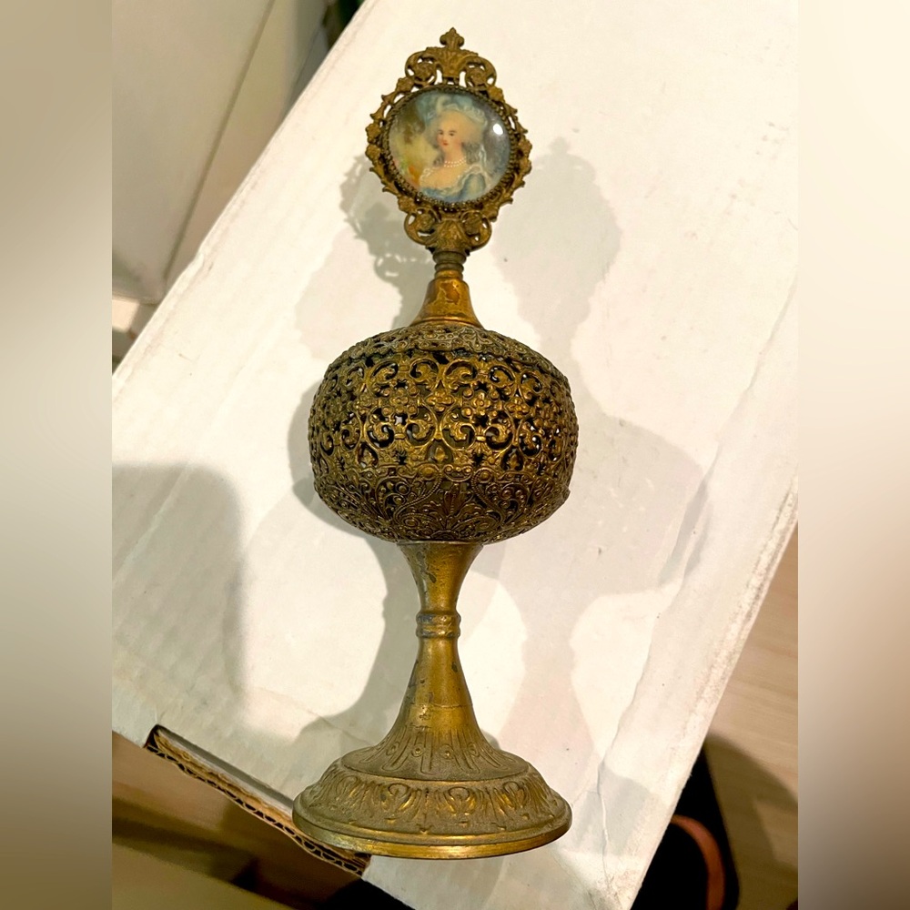 Antique Apollo Ormolu Filigree Bottle With Hand Painted Portrait of Women